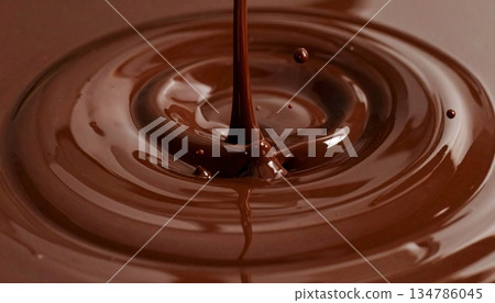 Close-up of smooth liquid chocolate ripples. Melted sweet dessert background material. 134786045