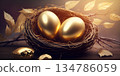 Golden eggs in wooden nest on beige background created with ai generative technology. 134786059