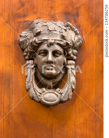 Antique brass door knocker with classical face detail 134786256