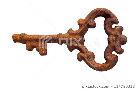 Old rusty ornate skeleton key on transparent background Old rusty ornate skeleton key on transparent background 134786338