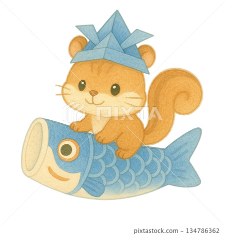 【兒童節】松鼠騎在鯉魚彩帶上的插圖 134786362