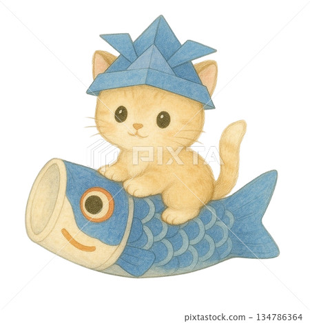 【兒童節】小貓騎著鯉魚彩帶的插圖 134786364