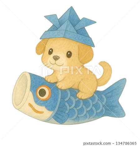 【兒童節】小狗騎在鯉魚彩帶上的插圖 134786365