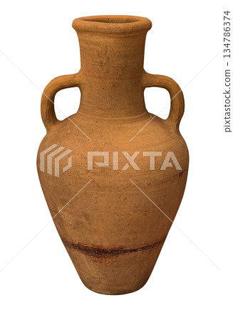 Ancient terracotta amphora with handles on transparent background 134786374