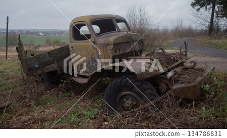 rusty pickup truck abandoned in field, weathered cab missing hood, platform overtaken by weeds, damp grass, 134786831