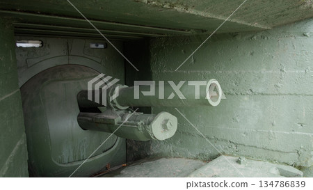 gun barrels inside concrete bunker embrasure framing muzzle and aperture, olive-painted interior, heavy steel gun barrels inside concrete bunker embrasure framing muzzle and aperture, olive-painted interior, heavy steel 134786839
