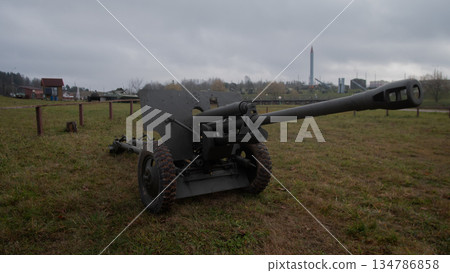 decommissioned artillery gun in field, standing on damp grass under heavy gray sky, industrial chimney 134786858