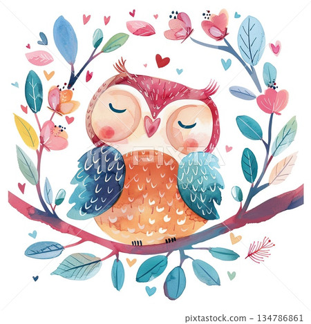Whimsical watercolor Illustration of cute owl, surrounded by plants, illustrated with bright colors and soft lines. pink tones, fairy tale Whimsical watercolor Illustration of cute owl, surrounded by plants, illustrated with bright colors and soft lines. pink tones, fairy tale 134786861