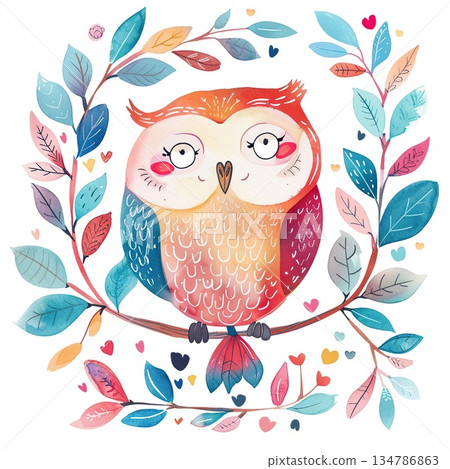 A cute watercolor painting of an owl on a branch surrounded by autumn leaves and berries art and heart 134786863