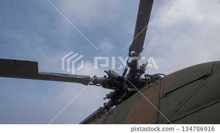 detailed rotor head assembly with blades and control linkages, swashplate visible, chipped green paint 134786916