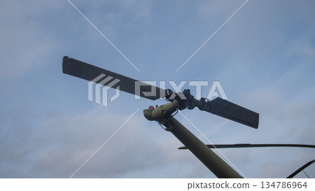 wide-angle helicopter rotor assembly captured under soft sky, preflight testing and balance check mood, 134786964