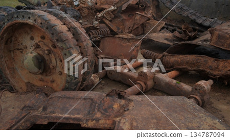 closeup tank tracks from battlefield salvage, heavy sprockets and treads coated in layered rust and flaking metal, detailed texture study of industrial corrosion and wear, mechanic inspection vibe closeup tank tracks from battlefield salvage, heavy sprockets and treads coated in layered rust and flaking metal, detailed texture study of industrial corrosion and wear, mechanic inspection vibe 134787094