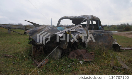 wrecked car scene, decay reveals interior wartime loss, damaged sedan exposes metal frame during somber autumn setting, automobile wreck shows internal skeleton amid autumn grass in subdued light 134787100