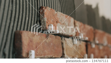 closeup brick cuts tile on the wall closeup brick cuts tile on the wall 134787111