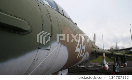 close shot of cockpit nose and fuselage showing white serial 46 on camouflage paint, canopy reflections and panel seams visible, static exhibit or airbase setting with maintenance stands and overcast 134787112