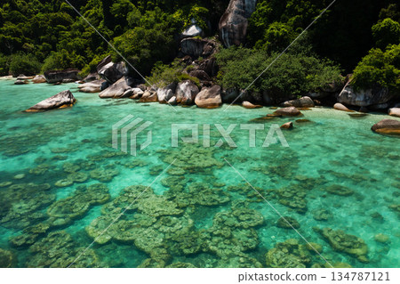 Top view of the coral reef with crystal clear water and rocky formations on the Perhentian Islands. Malaysia 134787121