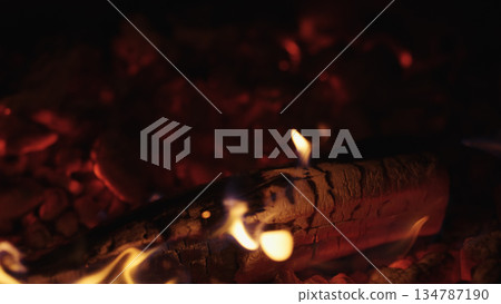 close up of campfire burning wood 134787190