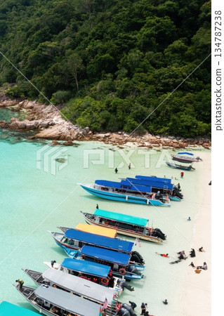 Tourist boats parked along turtle beach, with tourists on Redang Island. Malaysia Tourist boats parked along turtle beach, with tourists on Redang Island. Malaysia 134787238