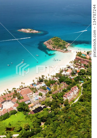 Aerial view of the tropical paradise of Long Beach on Redang Island in Malaysia with turquoise waters and soft sand 134787244