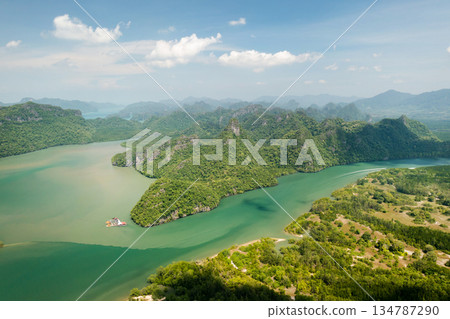 Aerial view of the river and green hills in KILIM Geopark on a sunny day. Langkawi. Malaysia 134787290