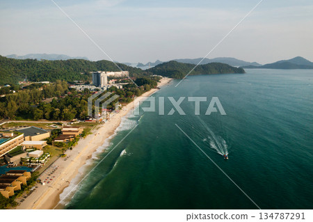 Aerial view of Pantai Tengah evening beach on Langkawi Island. Malaysia 134787291