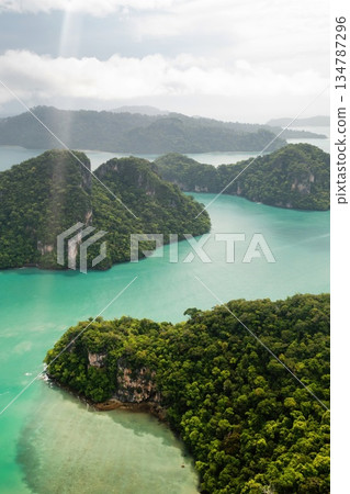 Aerial view of Kilim Park on Langkawi Island. Beautiful views of the islands with mountains and the sea. Malaysia Aerial view of Kilim Park on Langkawi Island. Beautiful views of the islands with mountains and the sea. Malaysia 134787296