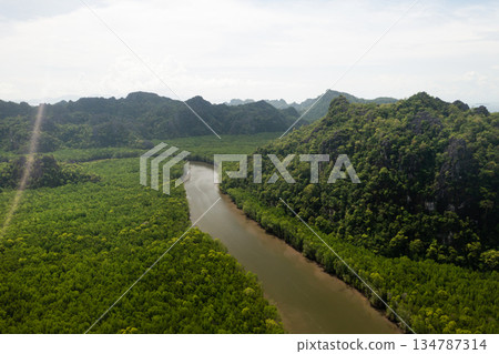 Stunning view of Kilim Geopark from above. The river is surrounded by green hills and mangrove jungle. Langkawi Island, Malaysia 134787314