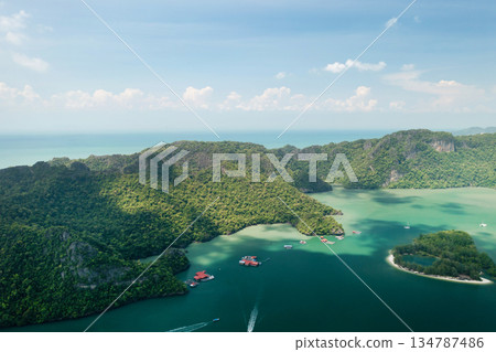 Top view of the river and mountains in KILIM Geopark on a sunny day. Langkawi Island. Malaysia Top view of the river and mountains in KILIM Geopark on a sunny day. Langkawi Island. Malaysia 134787486