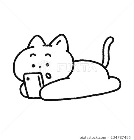 Cat lying down and looking at smartphone - line drawing Cat lying down and looking at smartphone - line drawing 134787495