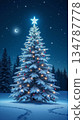 The image shows a decorated Christmas tree in a snowy forest at night 134787778