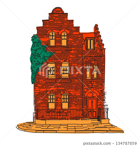 Red brick house with orange windows and green ivy Red brick house with orange windows and green ivy 134787859