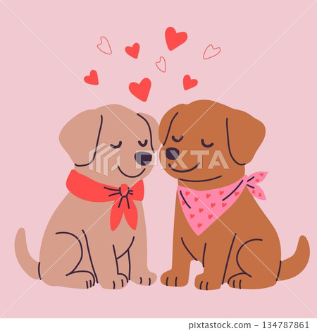 Digital drawing of two dogs with love hearts above them Digital drawing of two dogs with love hearts above them 134787861