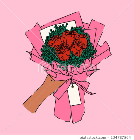 Bouquet of red roses with green foliage and pink ribbon Bouquet of red roses with green foliage and pink ribbon 134787864