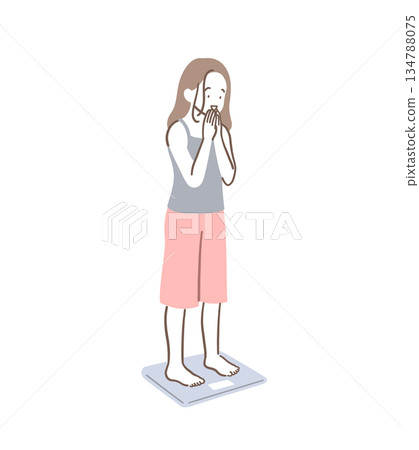 Illustration material of a slender woman happy to step on a weight scale 134788075