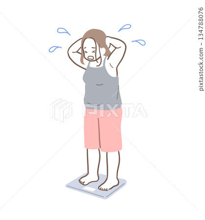 插畫素材：一位女士在體重計上感到沮喪 134788076