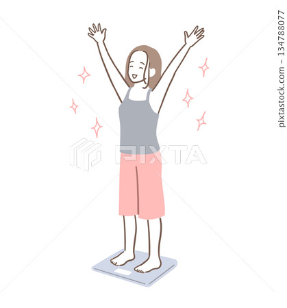 Illustration material of a slim woman happy to step on a weight scale 134788077