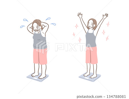 一組插圖，描繪了節食成功和節食失敗的女性。 134788081