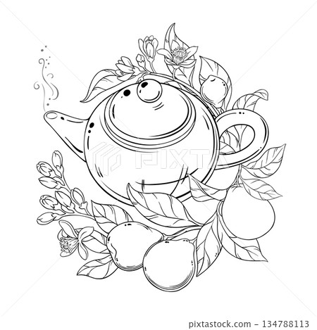 Bergamot Tea in Teapot Outline Illustration. Bergamot Tea in Teapot Outline Illustration. 134788113