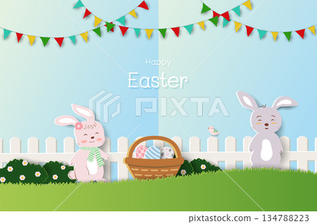 Happy Easter greeting card,cute cartoon rabbits and Easter eggs on spring garden Happy Easter greeting card,cute cartoon rabbits and Easter eggs on spring garden 134788223