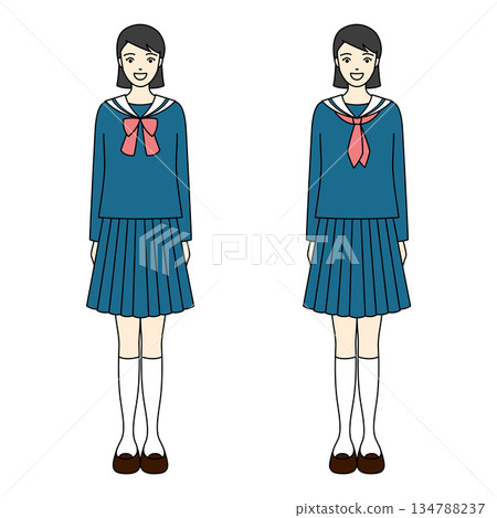 A high school girl standing upright in a navy blue sailor suit with a ribbon and tie 134788237