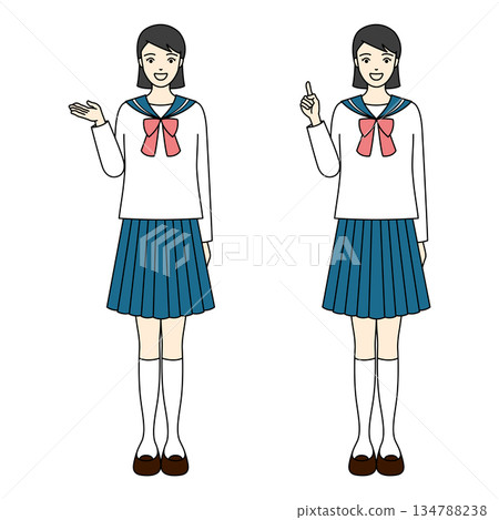 A high school girl wearing a white sailor uniform and smiling while pointing A high school girl wearing a white sailor uniform and smiling while pointing 134788238