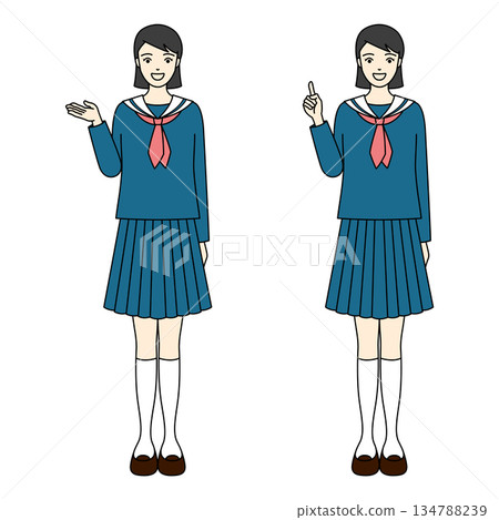 身穿水手服的高中女生全身像，面帶微笑，指著前方。 134788239