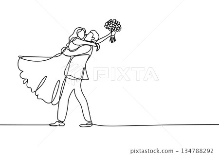 Groom Carrying Bride Wedding Couple Romantic Moment Continuous One Line Drawing 134788292