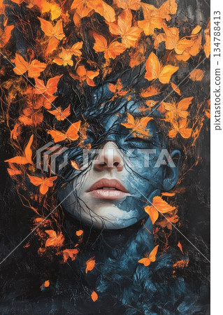Portrait of a serene woman surrounded by vibrant orange butterflies against a dark background representing transformation and beauty 134788413