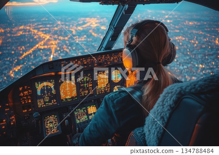 Pilot operating a helicopter over a vibrant cityscape during dusk with illuminated streets and buildings visible below Pilot operating a helicopter over a vibrant cityscape during dusk with illuminated streets and buildings visible below 134788484