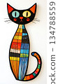 doodle-style, simple lines, children's drawings of cat, bright colors on a white background, simple drawings, children's art created with crayons 134788559