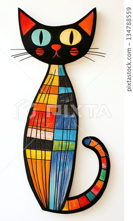 doodle-style, simple lines, children's drawings of cat, bright colors on a white background, simple drawings, children's art created with crayons 134788559