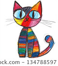 Hand-drawn illustration of a cute, funny cat in kids' art style 134788597
