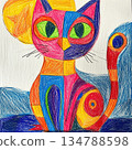 Kid cute baby doodle colorful cat sketch, kindergarten and childish toy cartoon element. Hand drawn school playground activity 134788598