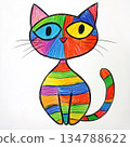 cat, hand drawn, crayon, doodle, kindergarten, cute animal, drawings, texture, isolated, awesome, simple, illustration, sitting cat 134788622